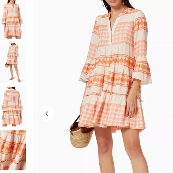 PEARL & CAVIAR Zakar Cotton 3/4 Sleeve Peach and Cream Greek Santorini Dress - Picture 1 of 8